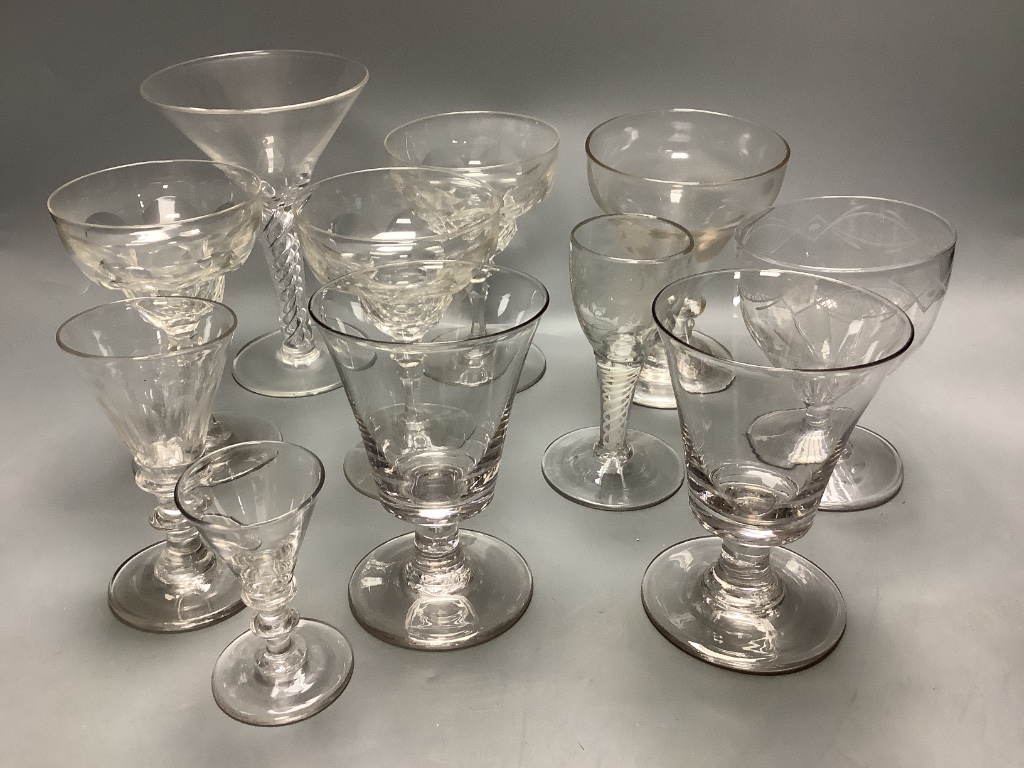 A small collection of late 18th/19th century divinity glasses, some with air twist stems, tallest 17cm